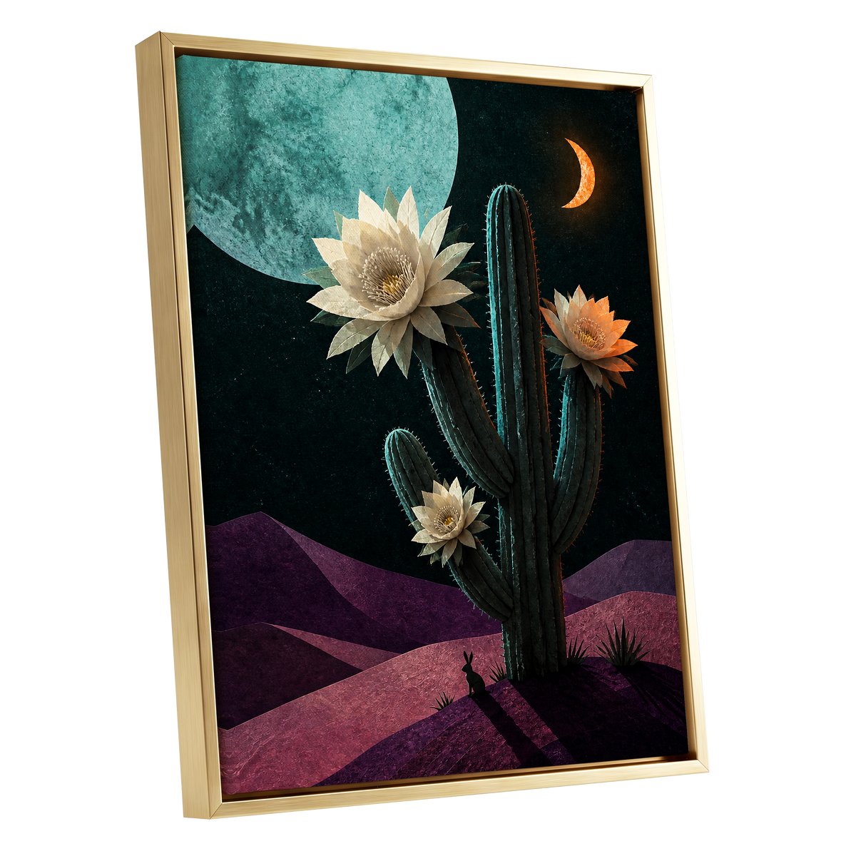 Moonlit Cactus Bloom, black, green, beige nature wall art shown as a gold framed canvas wall art
