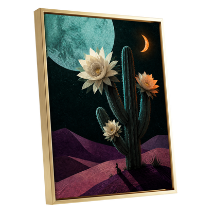 Moonlit Cactus Bloom, black, green, beige nature wall art shown as a gold framed canvas wall art