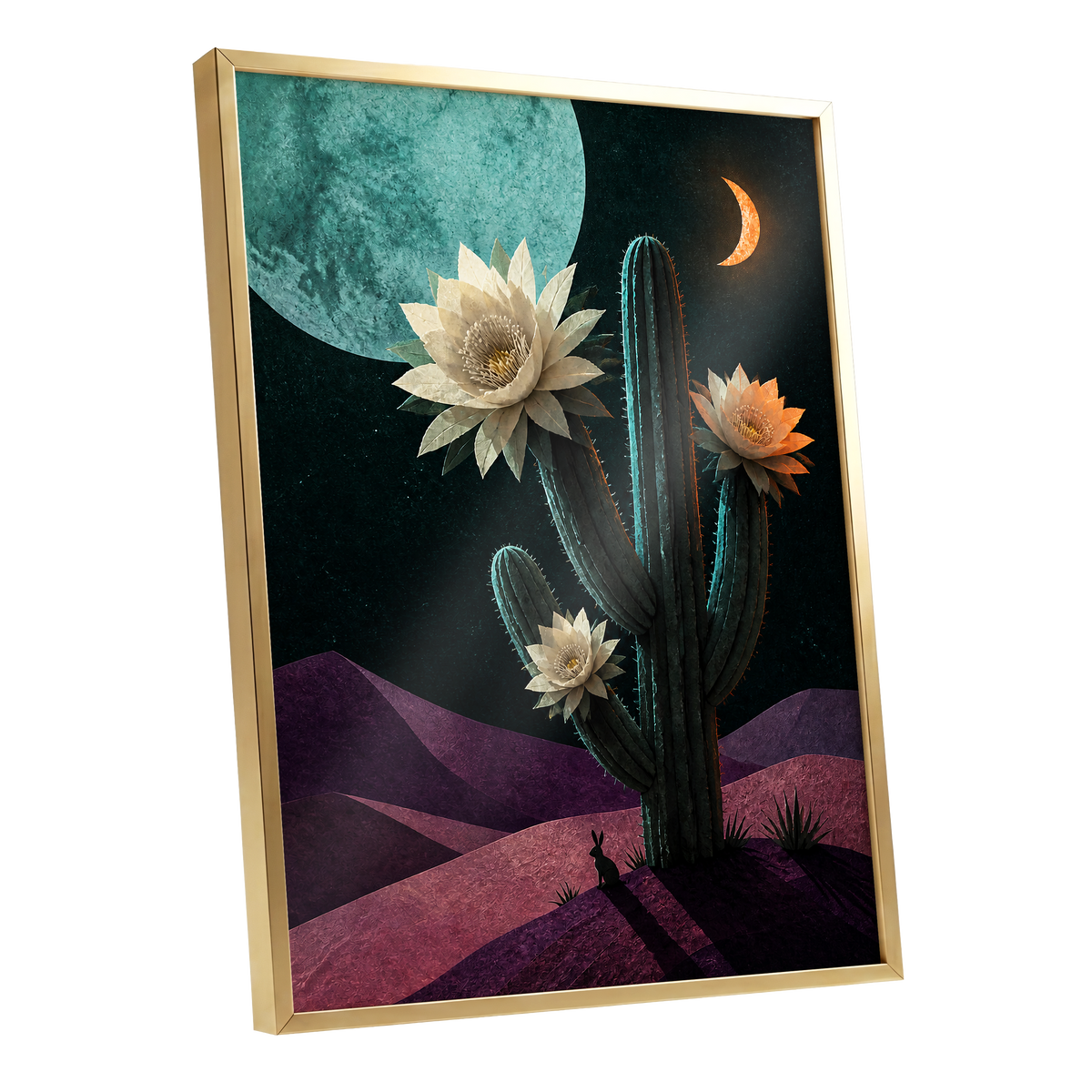 Moonlit Cactus Bloom, black, green, beige nature wall art shown as a gold framed poster wall art print