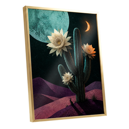 Moonlit Cactus Bloom, black, green, beige nature wall art shown as a gold framed poster wall art print