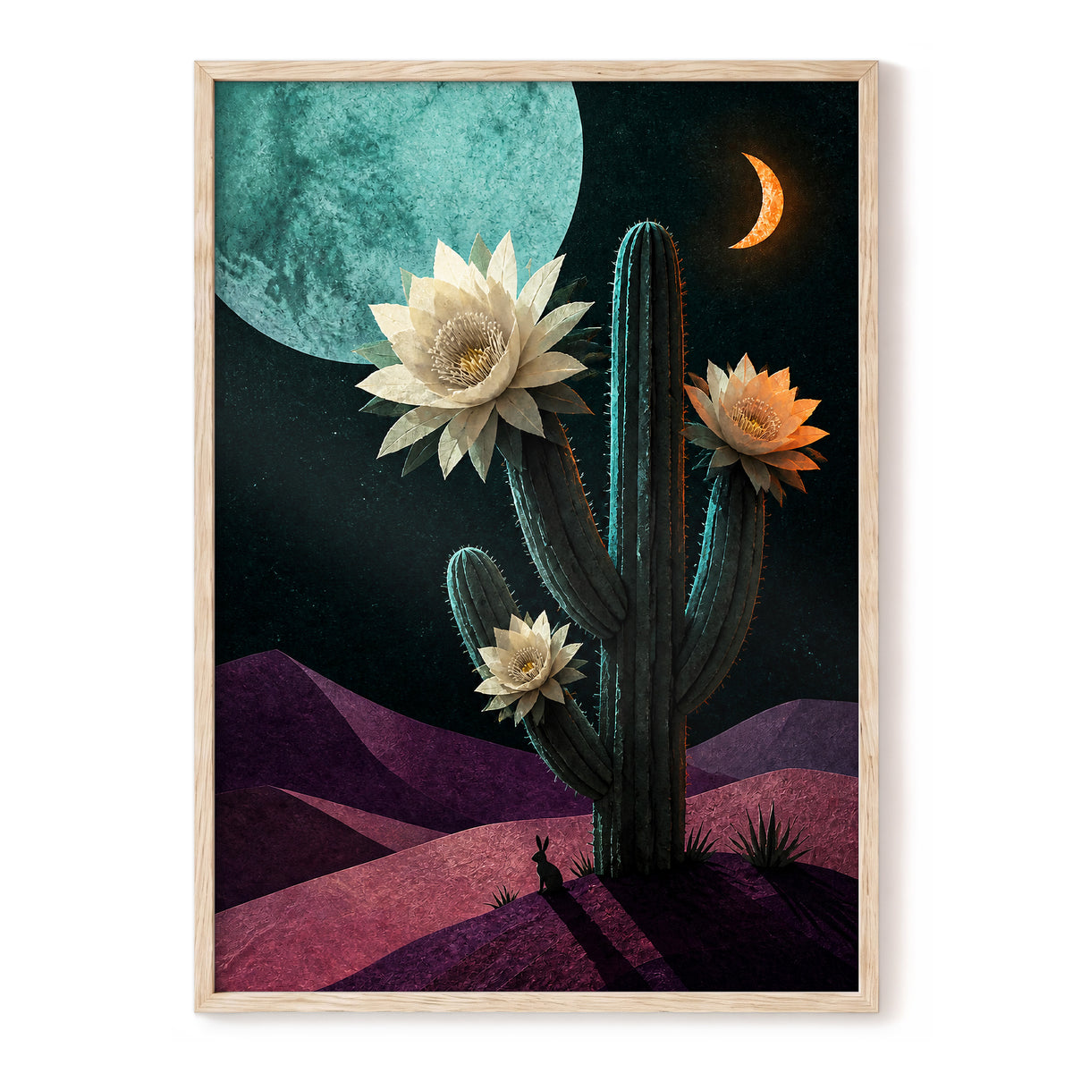 Moonlit Cactus Bloom, black, green, beige nature wall art, front artwork view