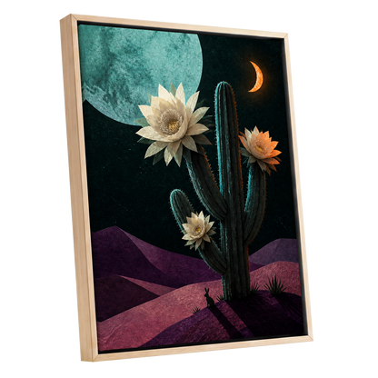 Moonlit Cactus Bloom, black, green, beige nature wall art shown as a oak framed canvas wall art