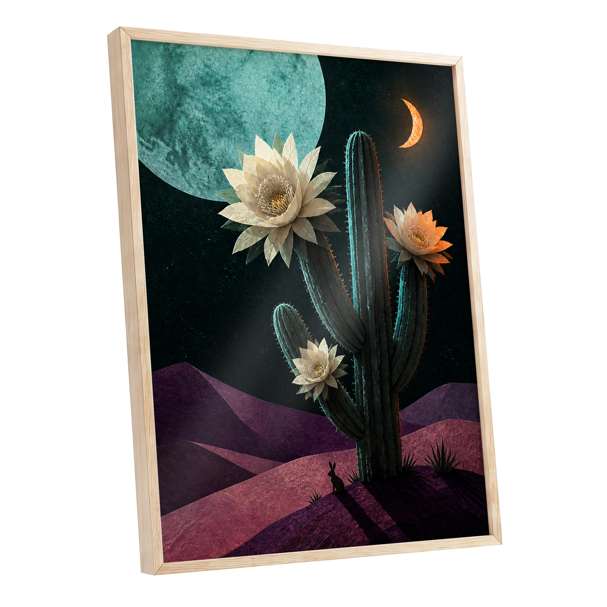 Moonlit Cactus Bloom, black, green, beige nature wall art shown as a oak framed poster wall art print