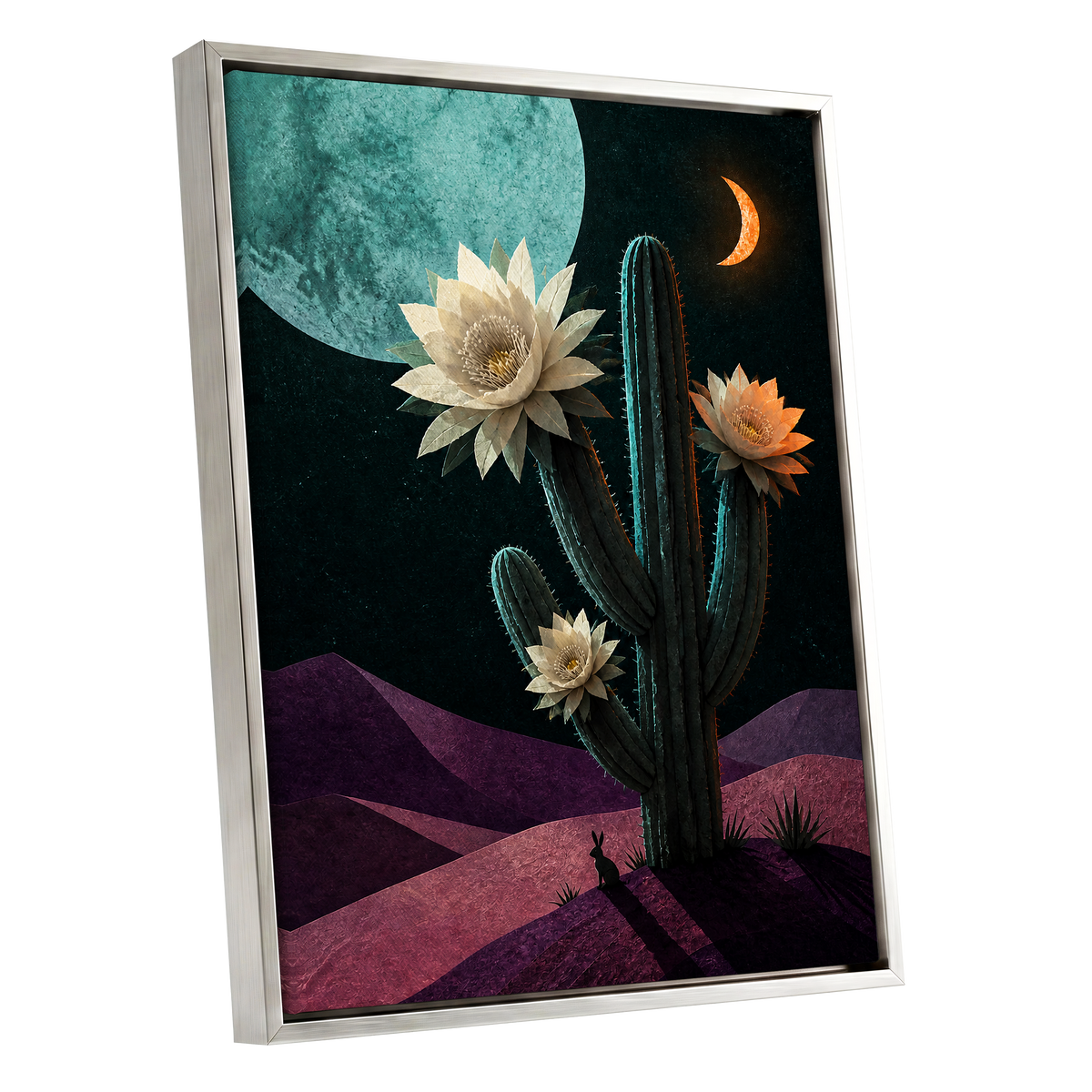 Moonlit Cactus Bloom, black, green, beige nature wall art shown as a silver framed canvas wall art
