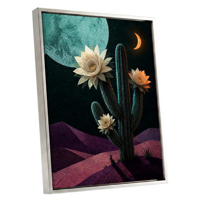 Moonlit Cactus Bloom, black, green, beige nature wall art shown as a silver framed canvas wall art