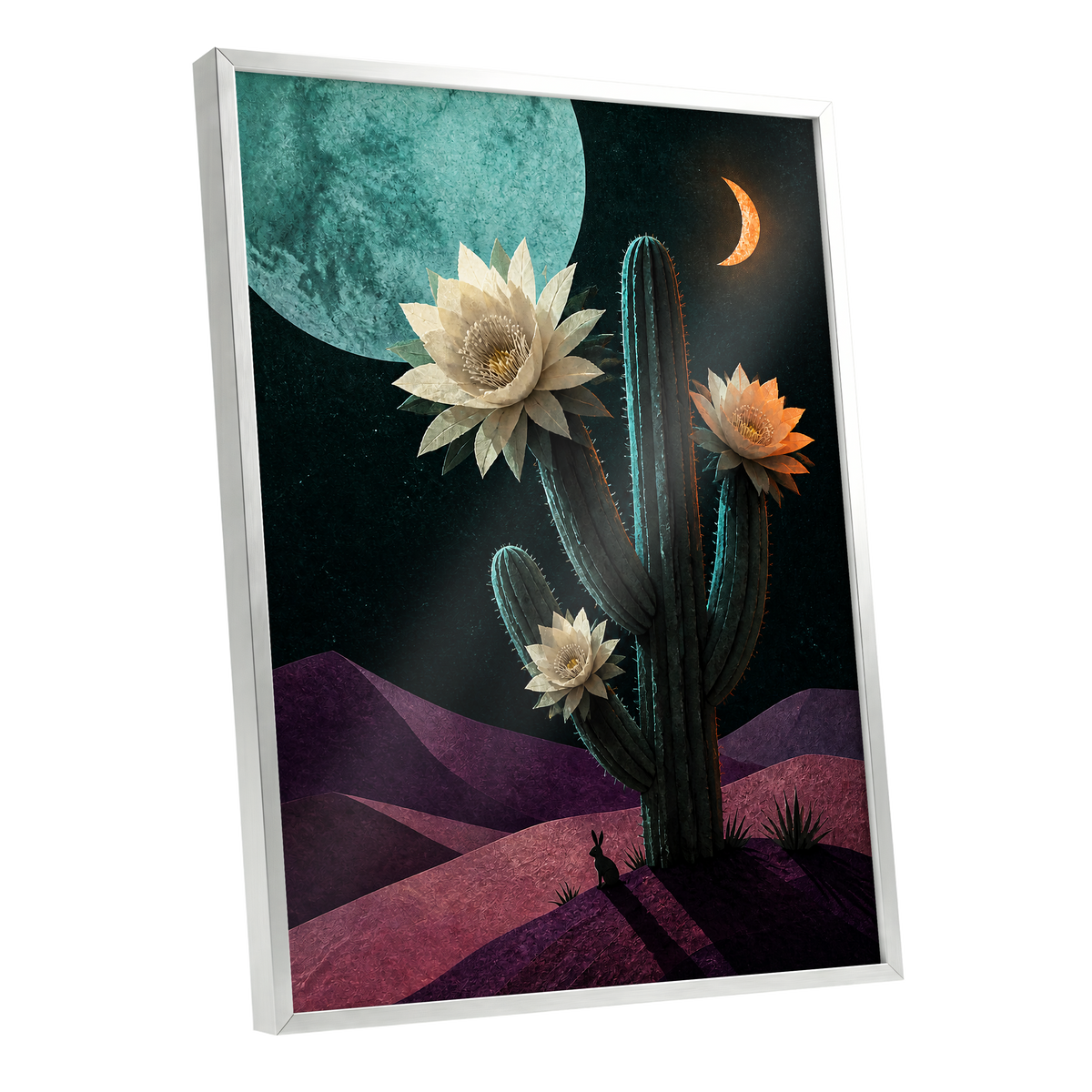 Moonlit Cactus Bloom, black, green, beige nature wall art shown as a silver framed poster wall art print