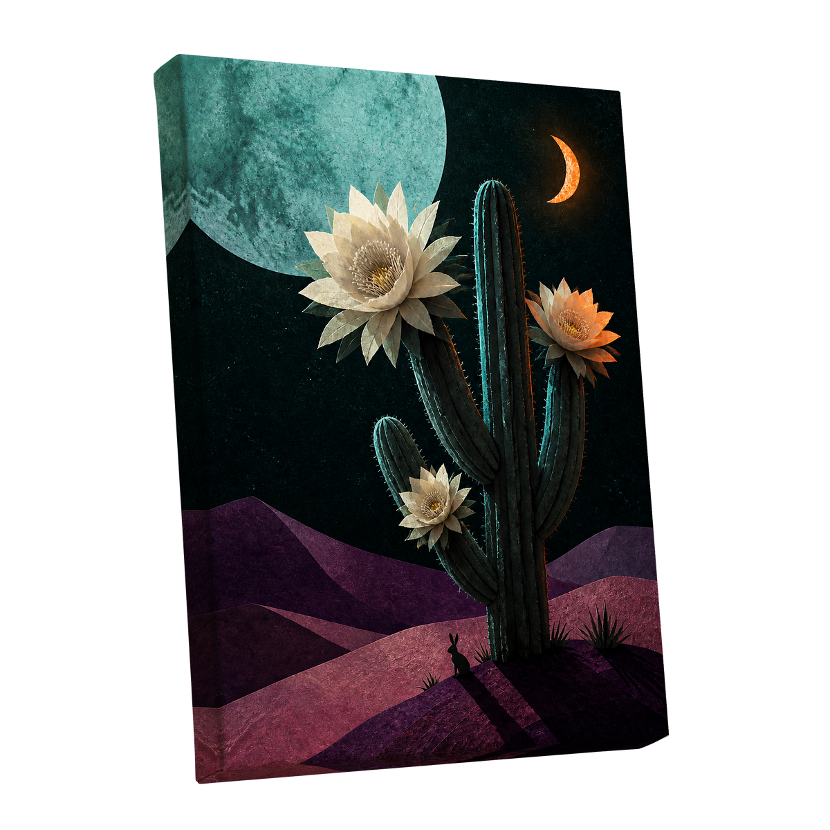 Moonlit Cactus Bloom, black, green, beige nature wall art shown as a stretched canvas wall art