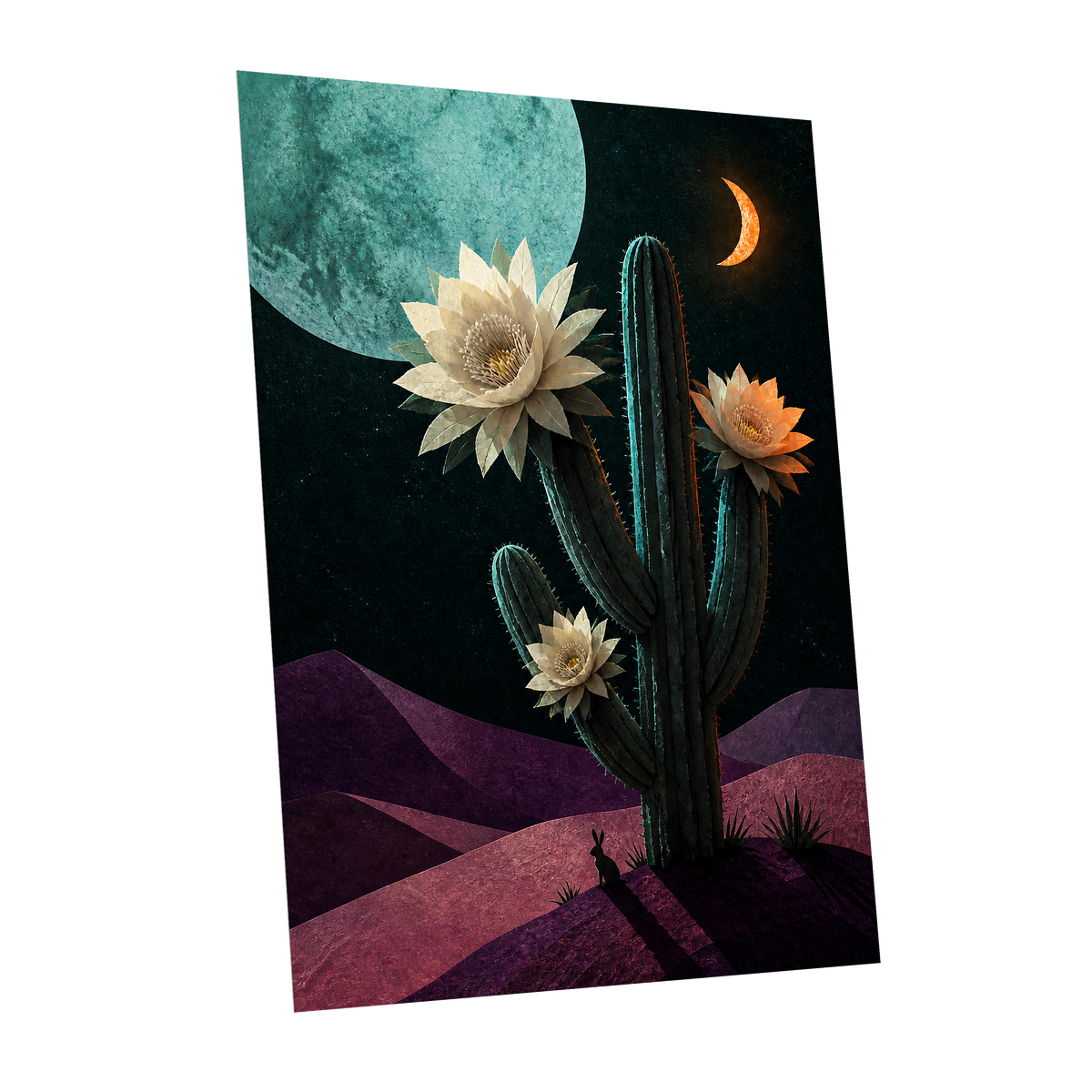 Moonlit Cactus Bloom, black, green, beige nature wall art shown as a unframed poster wall art print