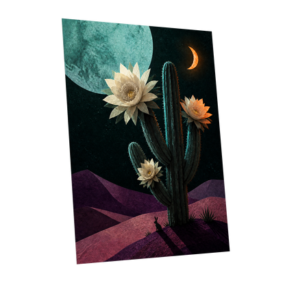 Moonlit Cactus Bloom, black, green, beige nature wall art shown as a unframed poster wall art print
