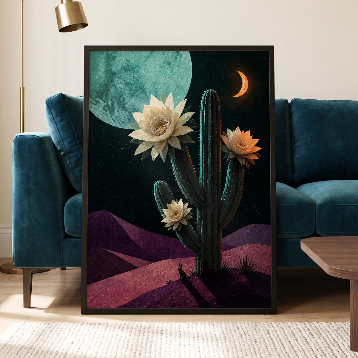 Moonlit Cactus Bloom, black, green, beige nature wall art displayed in a styled interior, gallery view 2
