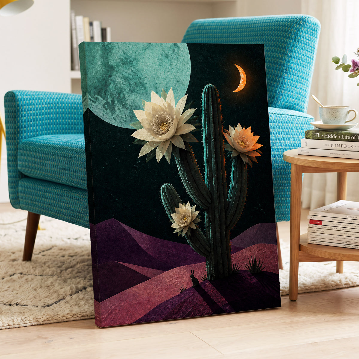 Moonlit Cactus Bloom, black, green, beige nature wall art displayed in a styled interior, gallery view 3