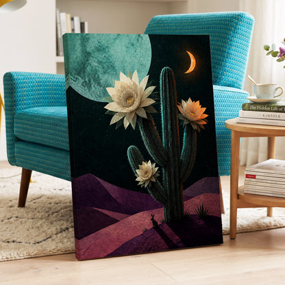 Moonlit Cactus Bloom, black, green, beige nature wall art displayed in a styled interior, gallery view 3