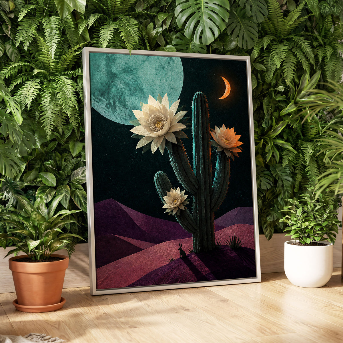 Moonlit Cactus Bloom, black, green, beige nature wall art displayed in a styled interior, gallery view 4