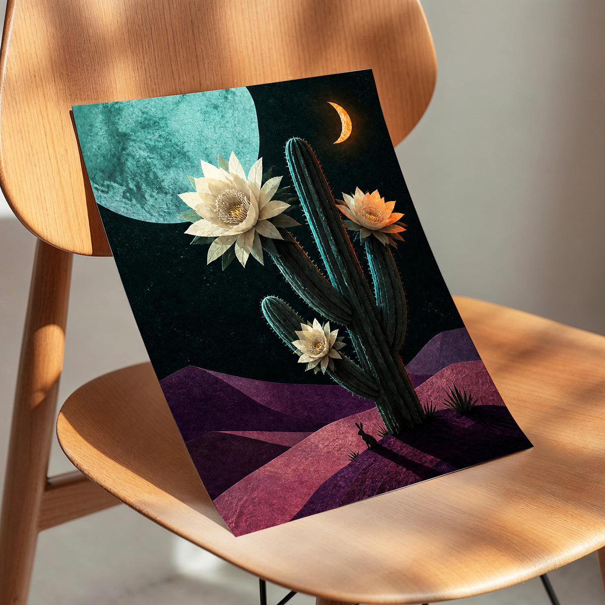 Moonlit Cactus Bloom, black, green, beige nature wall art displayed in a styled interior, gallery view 5
