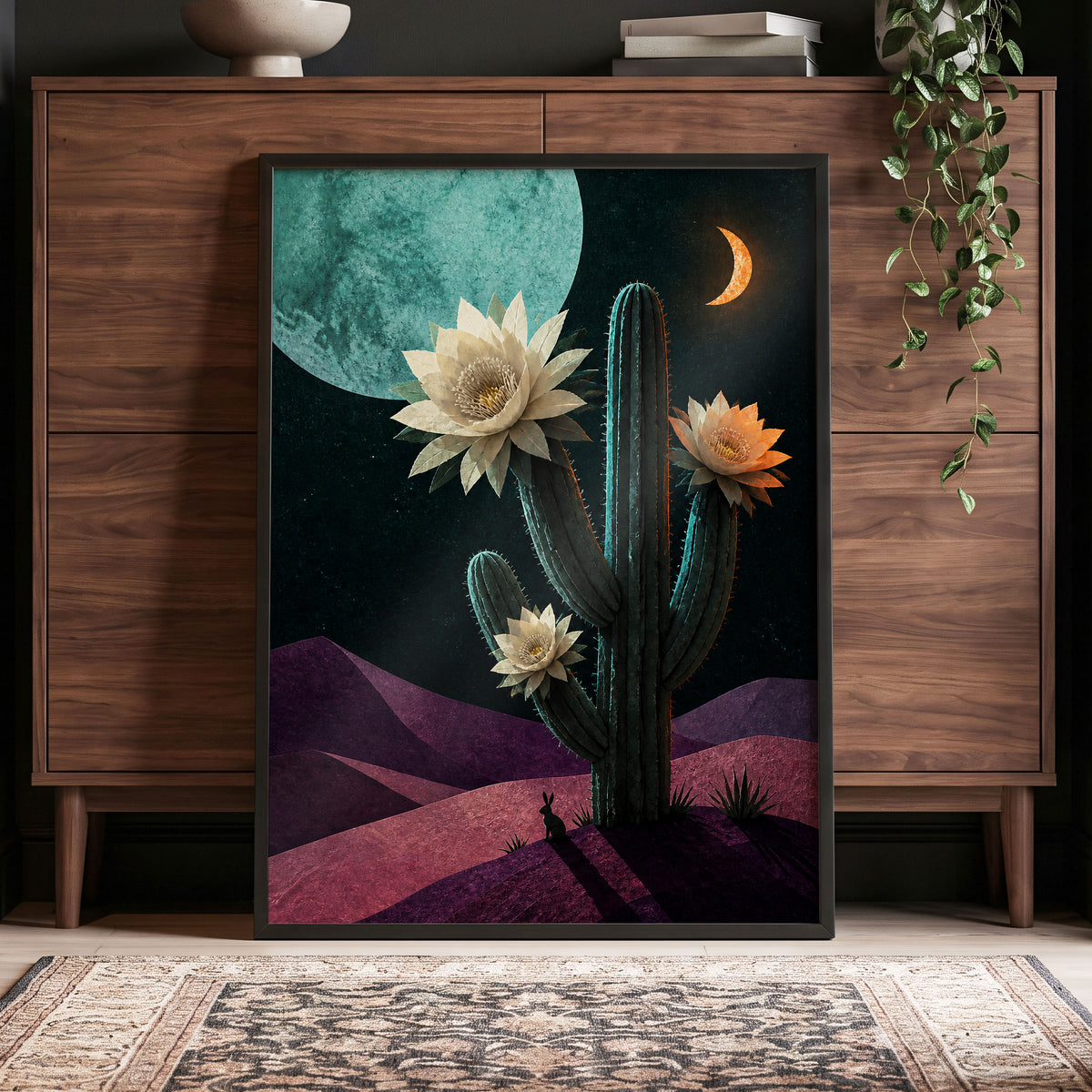 Moonlit Cactus Bloom, black, green, beige nature wall art displayed in a styled interior, gallery view 6