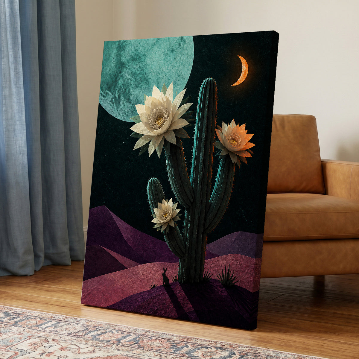 Moonlit Cactus Bloom, black, green, beige nature wall art displayed in a styled interior, gallery view 7