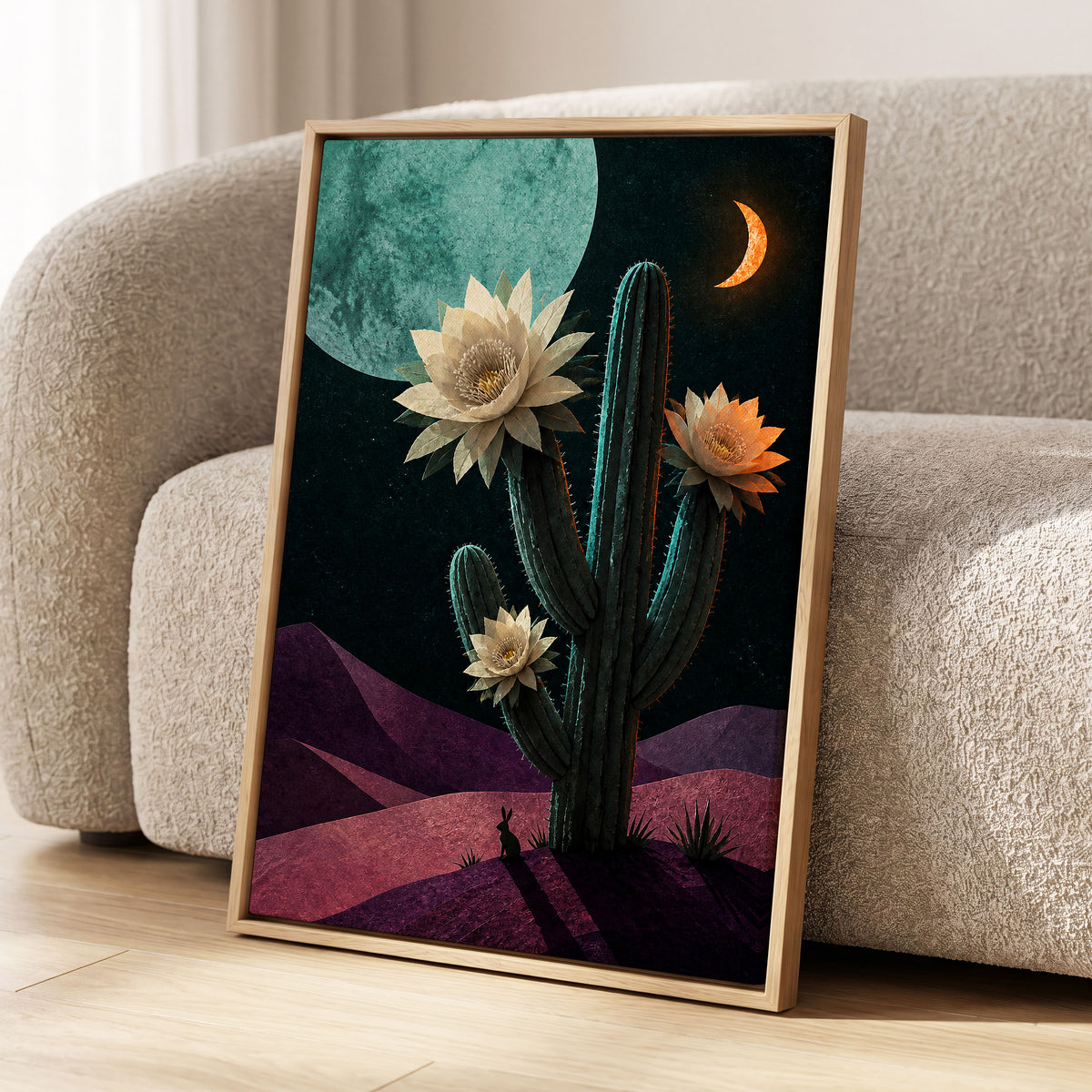 Moonlit Cactus Bloom, black, green, beige nature wall art displayed in a styled interior, gallery view 8