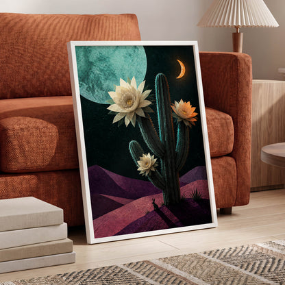 Moonlit Cactus Bloom, black, green, beige nature wall art displayed in a styled interior, gallery view 9