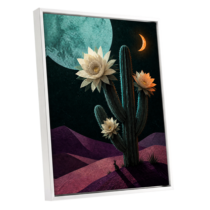 Moonlit Cactus Bloom, black, green, beige nature wall art shown as a white framed canvas wall art