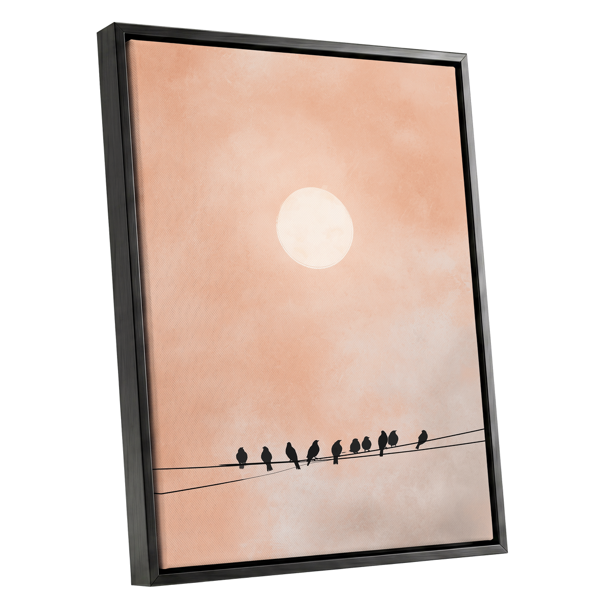 Moonlit Chorus, pink, beige, white nature wall art shown as a black framed canvas wall art