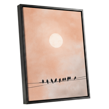 Moonlit Chorus, pink, beige, white nature wall art shown as a black framed canvas wall art