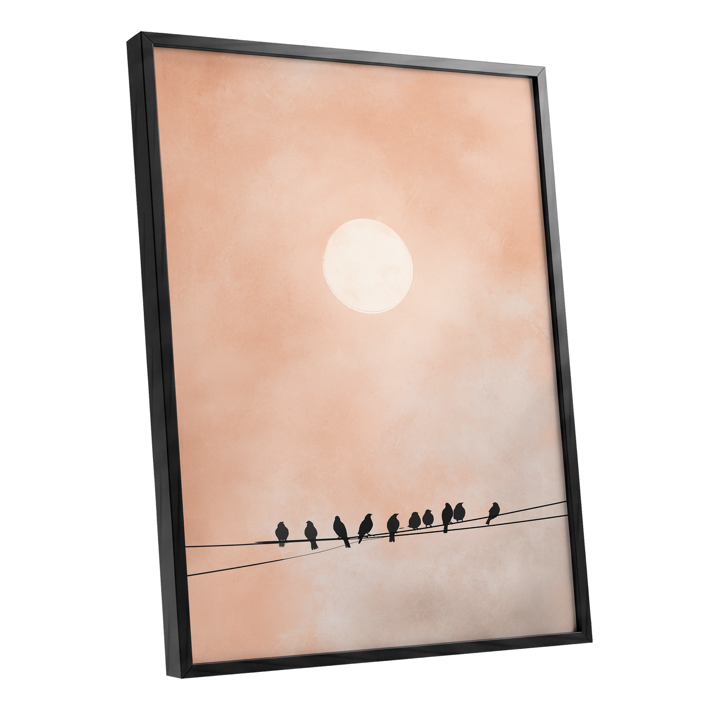 Moonlit Chorus, pink, beige, white nature wall art shown as a black framed poster wall art print