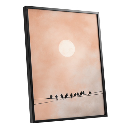 Moonlit Chorus, pink, beige, white nature wall art shown as a black framed poster wall art print