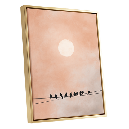 Moonlit Chorus, pink, beige, white nature wall art shown as a gold framed canvas wall art