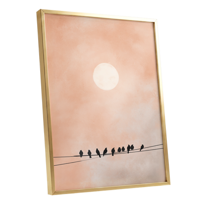 Moonlit Chorus, pink, beige, white nature wall art shown as a gold framed poster wall art print