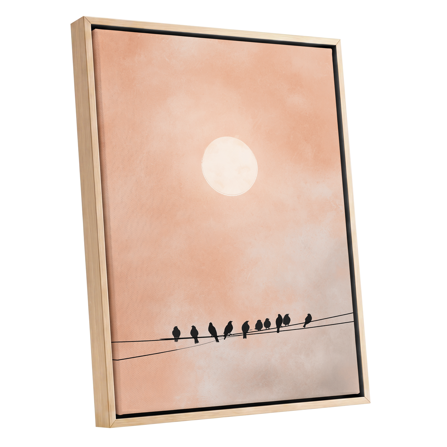 Moonlit Chorus, pink, beige, white nature wall art shown as a oak framed canvas wall art