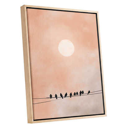 Moonlit Chorus, pink, beige, white nature wall art shown as a oak framed canvas wall art