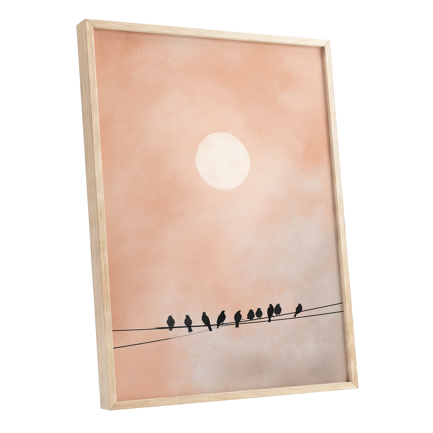 Moonlit Chorus, pink, beige, white nature wall art shown as a oak framed poster wall art print