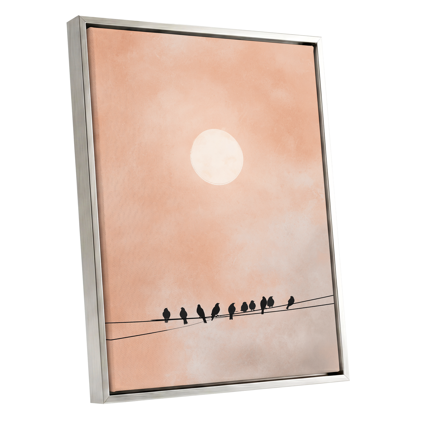 Moonlit Chorus, pink, beige, white nature wall art shown as a silver framed canvas wall art