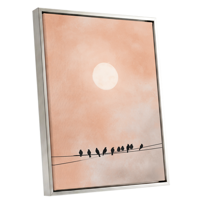 Moonlit Chorus, pink, beige, white nature wall art shown as a silver framed canvas wall art