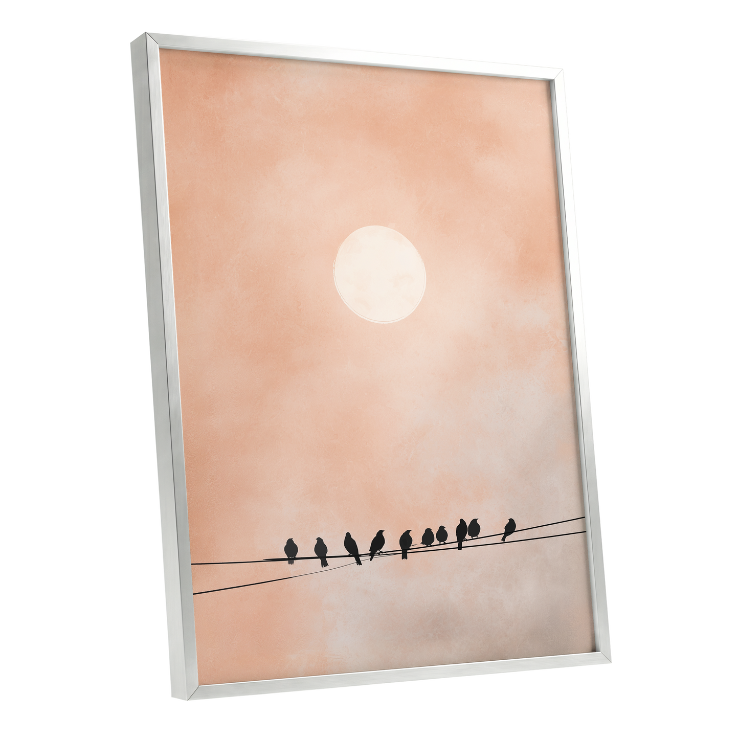 Moonlit Chorus, pink, beige, white nature wall art shown as a silver framed poster wall art print
