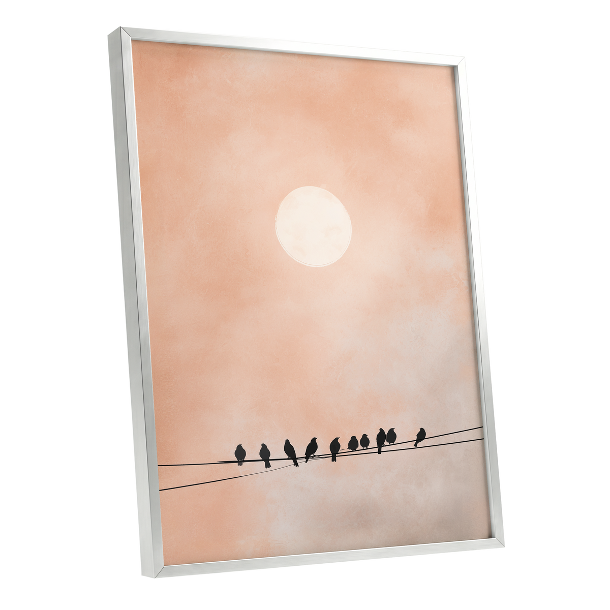 Moonlit Chorus, pink, beige, white nature wall art shown as a silver framed poster wall art print