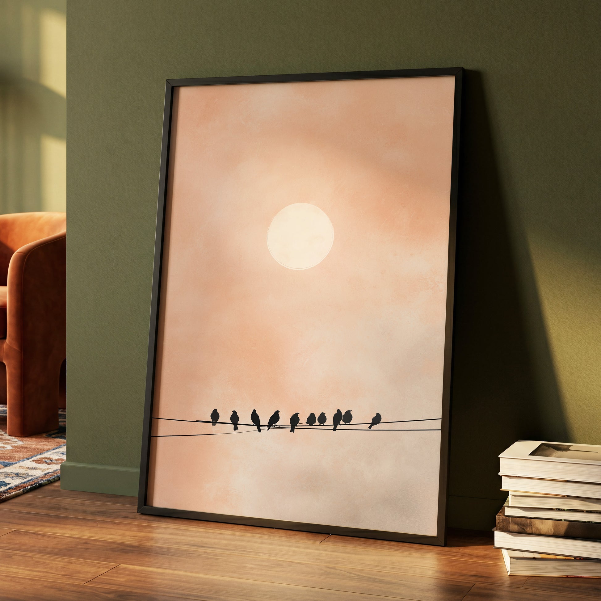 Moonlit Chorus, pink, beige, white nature wall art displayed in a styled interior, gallery view 2