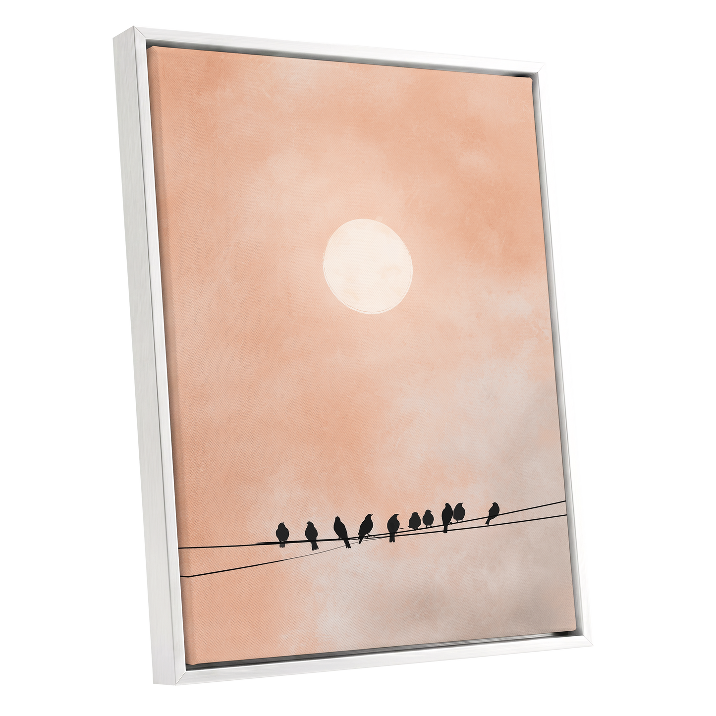 Moonlit Chorus, pink, beige, white nature wall art shown as a white framed canvas wall art