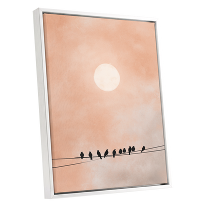 Moonlit Chorus, pink, beige, white nature wall art shown as a white framed canvas wall art