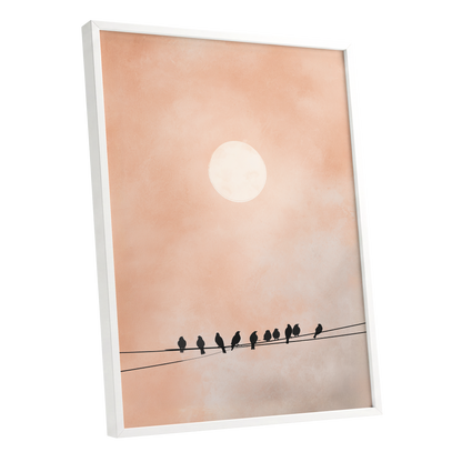 Moonlit Chorus, pink, beige, white nature wall art shown as a white framed poster wall art print