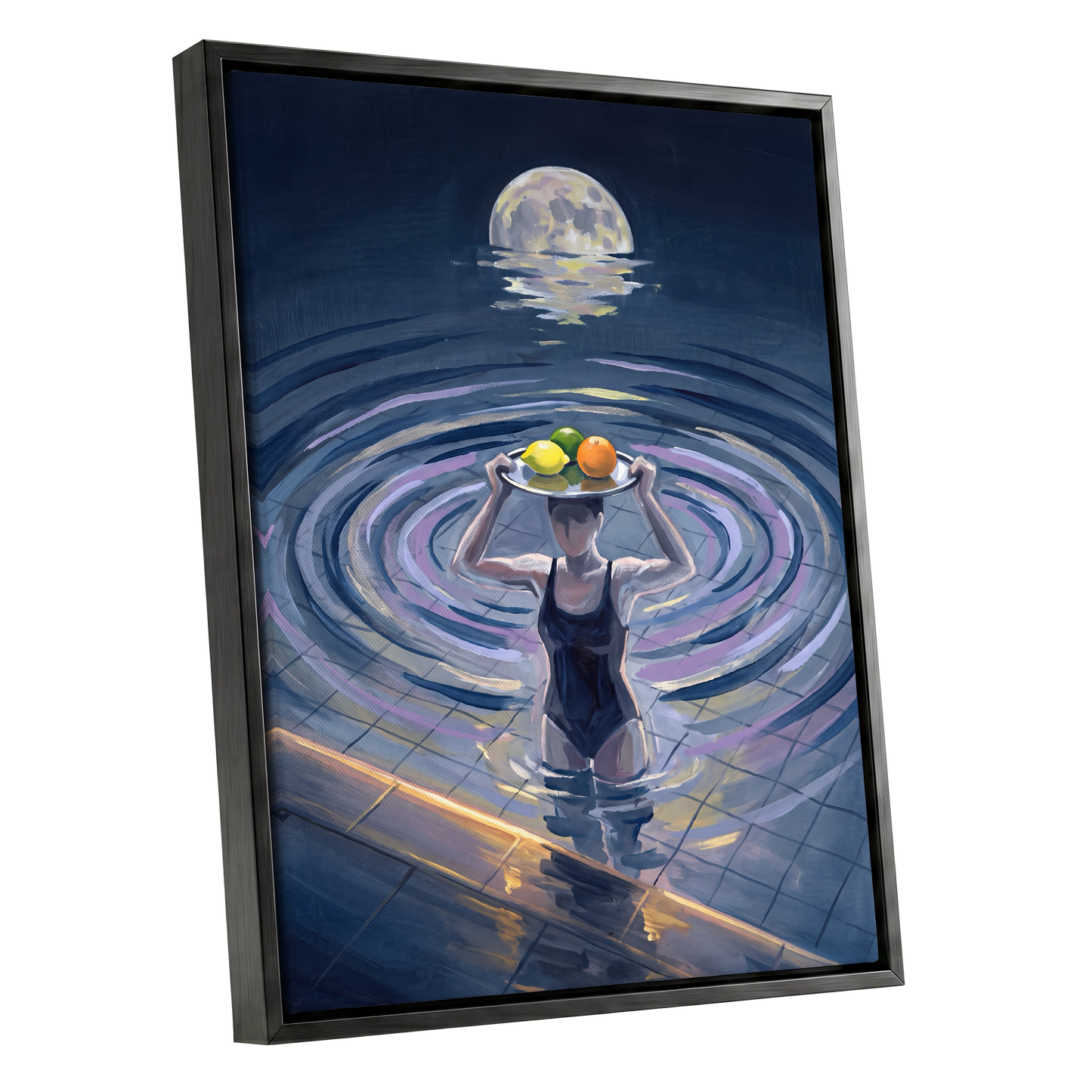Moonlit Citrus, blue, gray, purple abstract wall art shown as a black framed canvas wall art