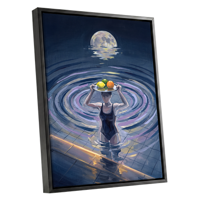 Moonlit Citrus, blue, gray, purple abstract wall art shown as a black framed canvas wall art