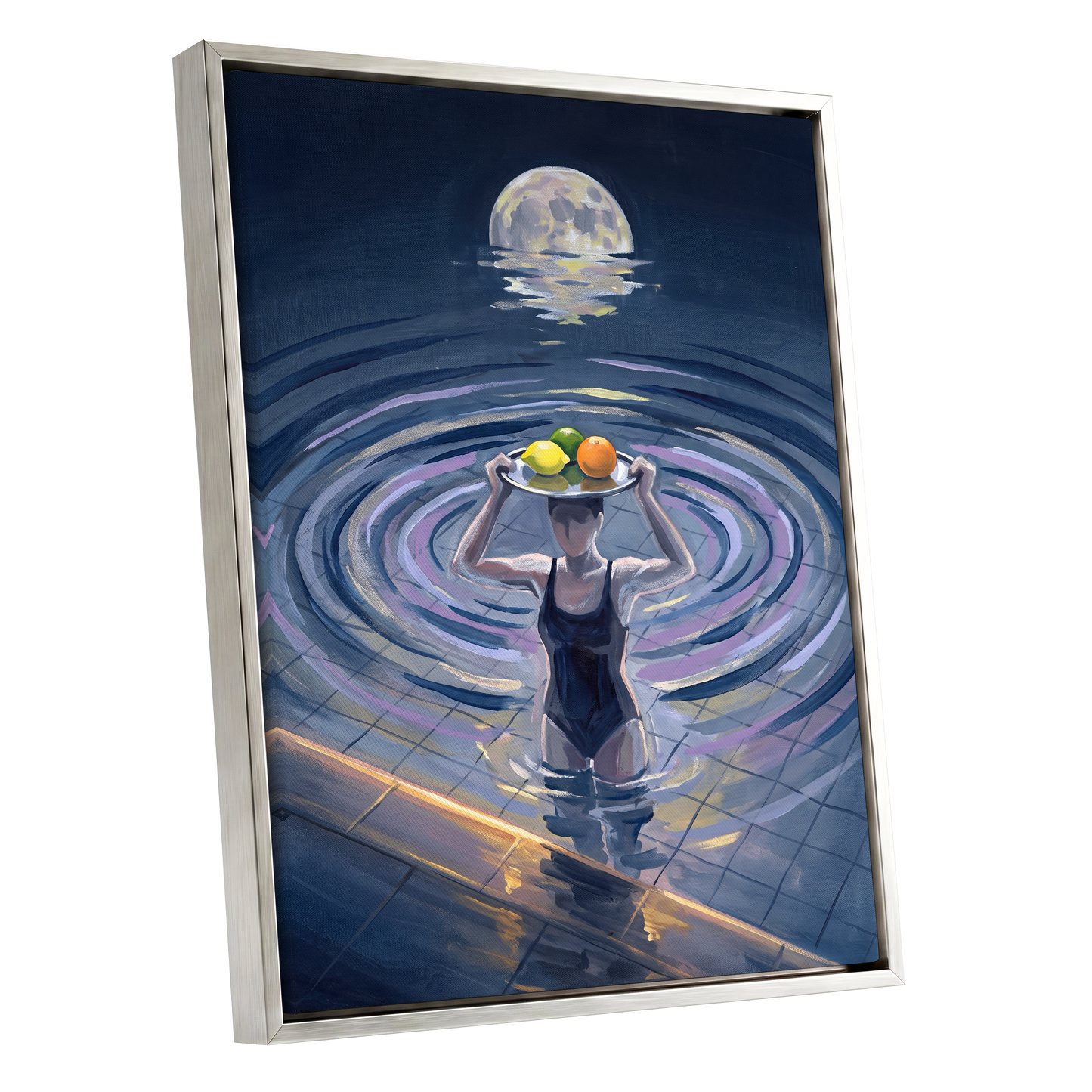 Moonlit Citrus, blue, gray, purple abstract wall art shown as a silver framed canvas wall art
