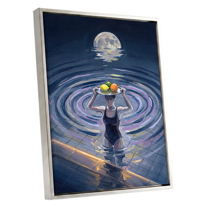 Moonlit Citrus, blue, gray, purple abstract wall art shown as a silver framed canvas wall art