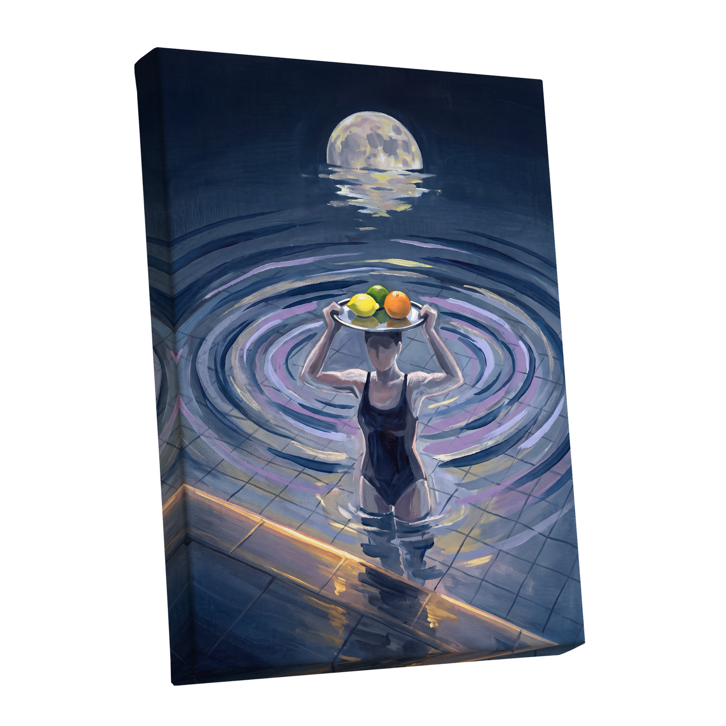 Moonlit Citrus, blue, gray, purple abstract wall art shown as a stretched canvas wall art