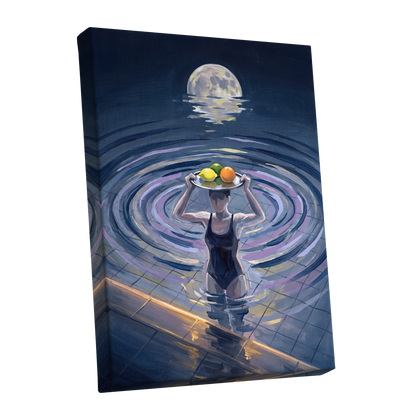 Moonlit Citrus, blue, gray, purple abstract wall art shown as a stretched canvas wall art