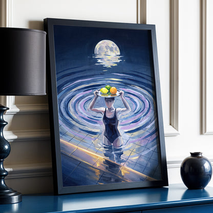 Moonlit Citrus, blue, gray, purple abstract wall art displayed in a styled interior, gallery view 2