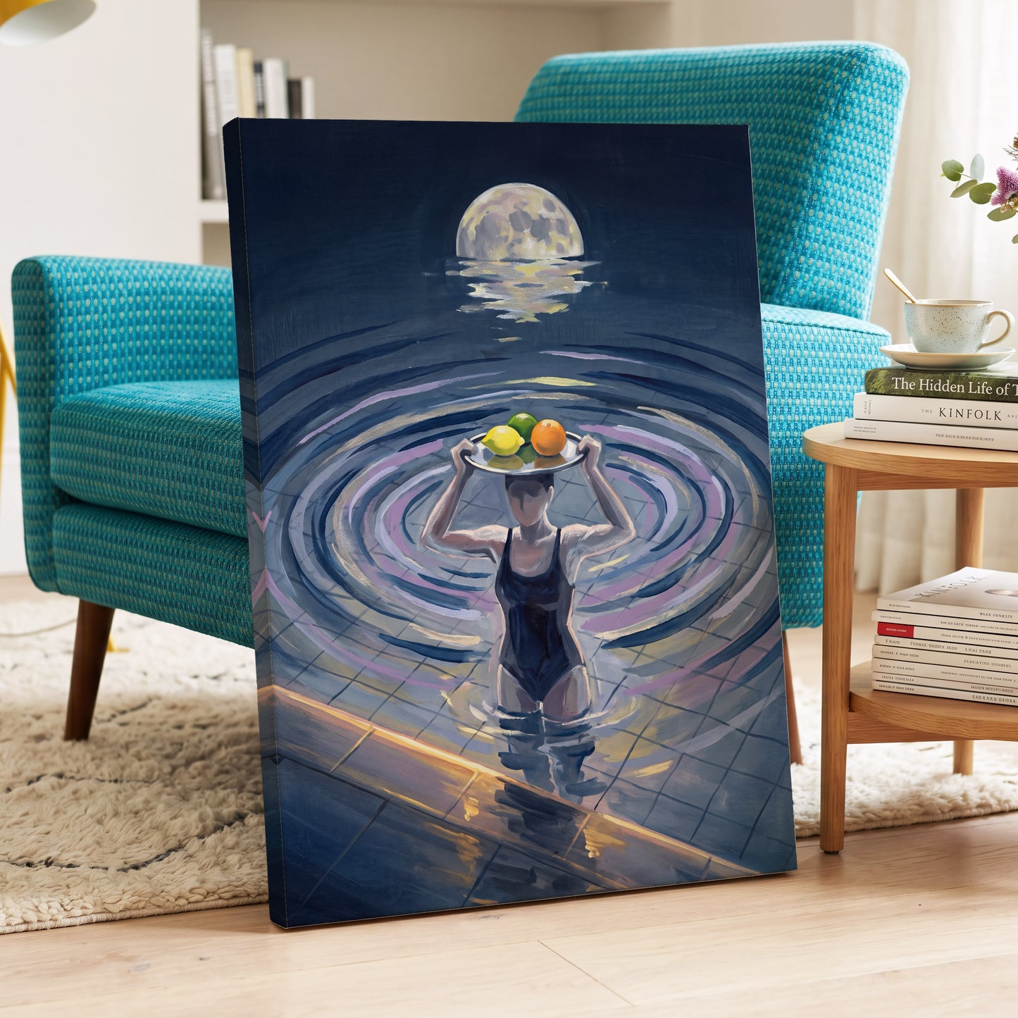 Moonlit Citrus, blue, gray, purple abstract wall art displayed in a styled interior, gallery view 3