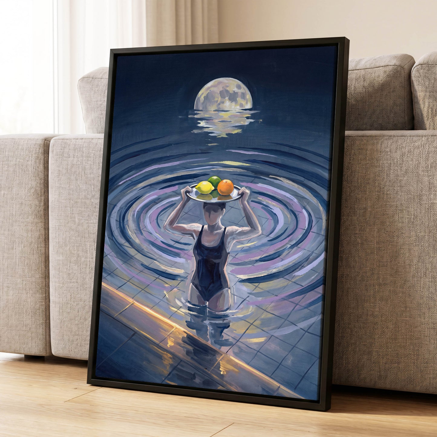 Moonlit Citrus, blue, gray, purple abstract wall art displayed in a styled interior, gallery view 4