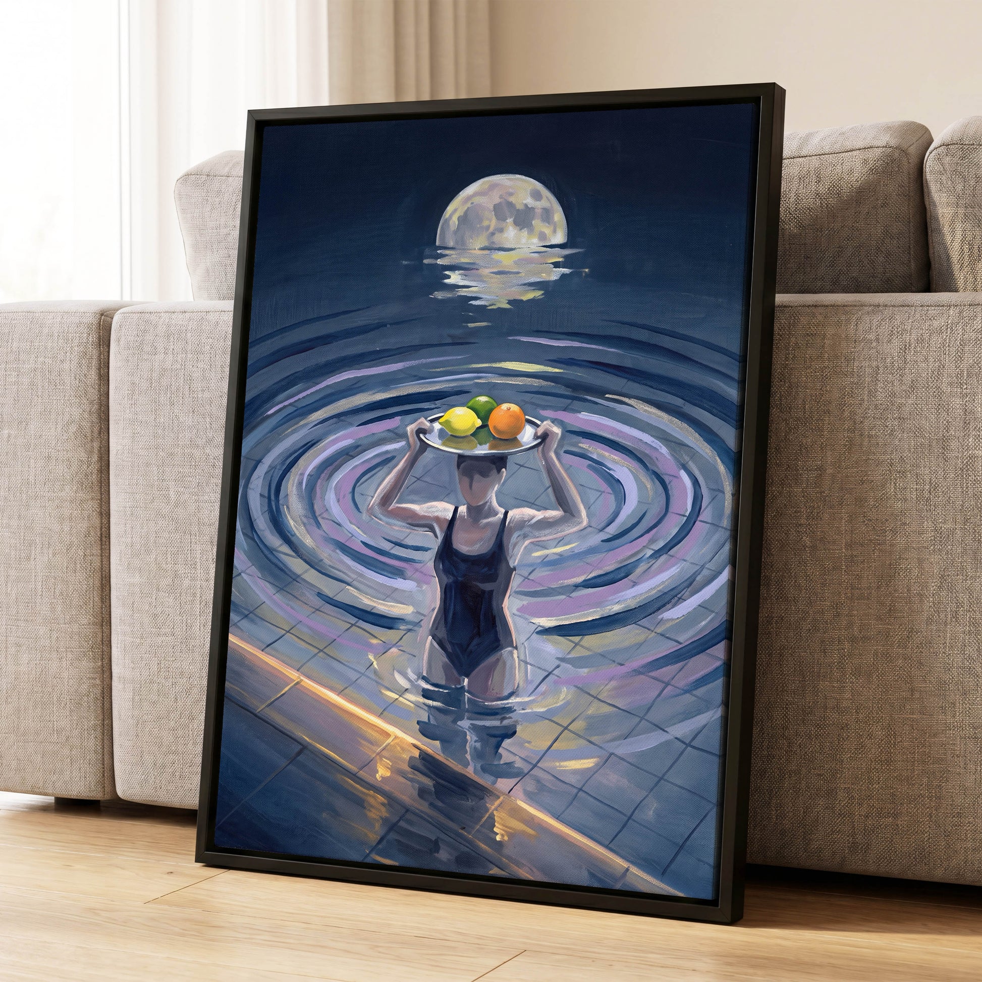 Moonlit Citrus, blue, gray, purple abstract wall art displayed in a styled interior, gallery view 4